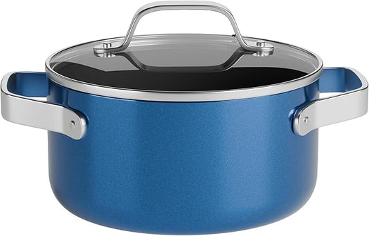 Bakken 3 Quart Ceramic Coated Stock Pot with Lid, Easy to Clean Nonstick Pot, Tempered Glass Lid, Riveted Stainless Steel Handles, Oven Safe Up To 500°F, PTFE & PFAS Free, All Stove Compatible, Blue