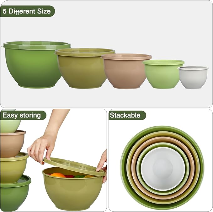 Plastic Mixing Bowls with Lids Set for Kitchen, Nesting Bowls for Mixing, Baking, Prepping, Cooking and Serving Food, Mixing Bowls Dishwasher, Microwave Safe (Green)