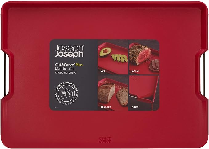 Joseph Joseph Cut&Carve Plus - Non-Slip, Multi-Function, Double-Sided Cutting Board for Food Preparation and Carving- Dishwasher Safe, Extra Large, Red