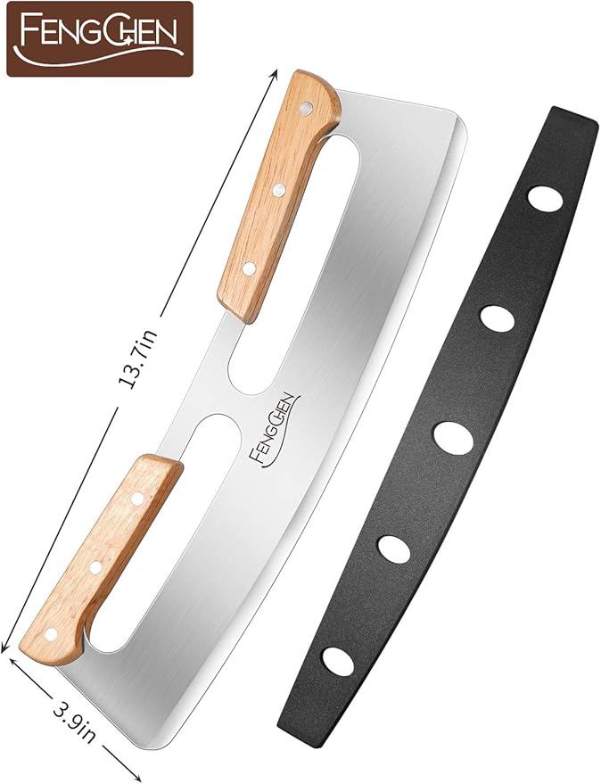 FENGCHEN 14Inch Pizza Cutter Rocker Style , Very Sharp Stainless Steel Pizza Blade Slicer,Suitable For Fruit Salad Bread Type Chopped Sliced ,Black Protective Case Double Wooden Handle Handle