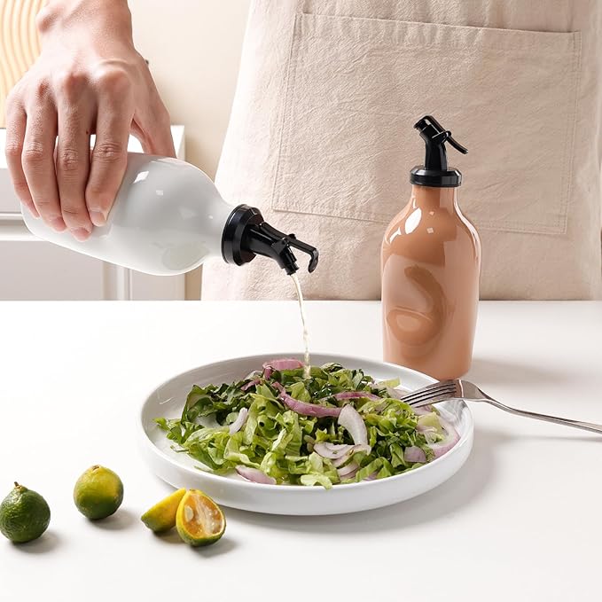 Ceramic Oil Dispenser Bottle with Acrylic Spout - Mini Kitchen Oil & Vinegar Cruet for EVOO, Avocado Oil - Easy-Grip Design, Compact Size 285ml - (White)