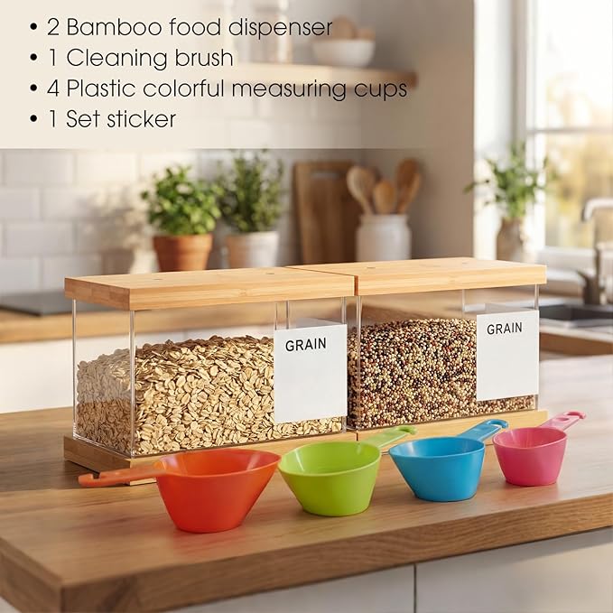 2 Pcs 2L Bamboo Food Dispenser Kitchen Organizers and Storage with Labels Airtight Pantry Organizers and Storage Container with Measuring Cups for Cereal, Rice, Flour, Sugar, Snack