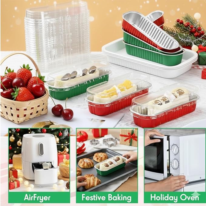 30 Pack 6.8oz Christmas Green Disposable Rectangular Aluminum Foil Mini Loaf Pans with Lids,Mini Cake Pans for Baking, Loaf Baking Pans, Small Containerfor for Patrick’s Day Party