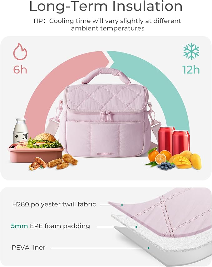 BAGSMART Insulated Lunch Bags for Women, Cute Quilted Lunch Box, Lightweight Puffy Padded Waterproof Lunch Tote, Reusable Lunch Cooler for Work Picnic Travel, Brown Checkerboard