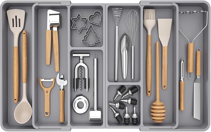 Lifewit Expandable Utensil Organizer for Kitchen Drawer, Adjustable Cooking Silverware Tray, Plastic Cutlery Flatware Holder, Spatula Tools Gadgets Storage Divider, 53-91 x 43cm, Plastic, Gray