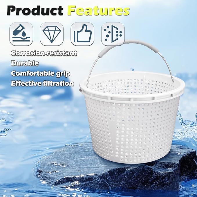 8" Pool Skimmer Basket for Inground Pool, Compatible with Pentair U-3 Skimmer Basket 08650-0007 and Hayward SP1070 Pool Basket, with Stainless Steel Handle, Built-in Brass Weight, Rubber Grip