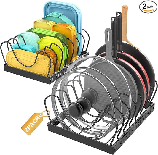 2PACK Large Pot Lid Organizers Inside Cabinet, Pots and Pans Organizer Under Cabinet with 16 Adjustable Dividers for Kitchen, Countertop Pan Lid Holder, Rust-Resistant Lid Storage, Easy to Clean
