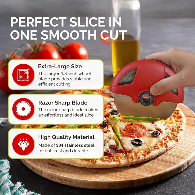 Pizza Cutter Wheel, 4.3" Large 304(18/8) Stainless Steel Blade, Reinforced Durable Pizza Slicer, Fully Detachable & Dishwasher Safe with Safety Protective Cover, Red