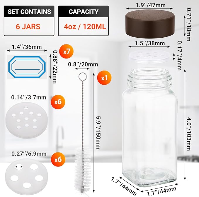 Segarty 4oz Spice Organizer Jar with Wood Lids, 6 Pack 120ml Empty Square Spices Condiments Shakers, Clear Glass Seasoning Containers Cereal Storage Set, Small Spice Bottle with 7 Stickers, 1 Brush