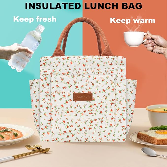 Joymee Lunch Bag Women Insulated Lunch Box Reusable Leakproof Large Spacious Cooler Tote for Women Men Adult with Bottle Holder and Side Pockets for Work Office Travel Picnic -Red Floral