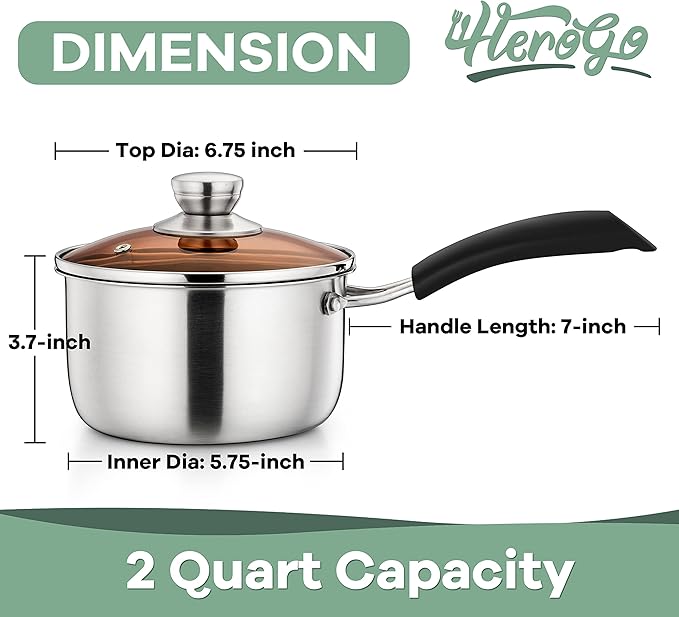 Herogo 2Qt Saucepan with Lid, 18/10 Stainless Steel Sauce Pan Pot, 2 Quart Saucepan for Gas Electric Stove Top Camping, Rust Free & Dishwasher Safe