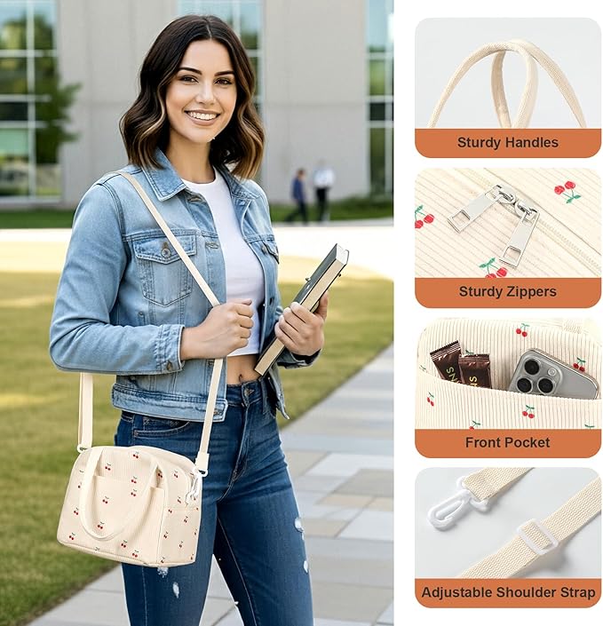 Lunch Box for Women Adults, Reusable Cute Corduroy Lunch Tote Box with Large Capacity, Insulated Lunch Bag with Adjustable Shoulder Strap, Perfect for Work, Picnic, Office or Travel