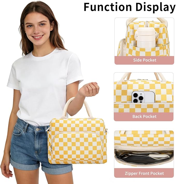Lunch Box for Women Insulated Lunch Bag Women Adult Cute Lunch Bags Reusable Lunchbox Cooler Tote Bag for Work Picnic (Yellow-Plaid)