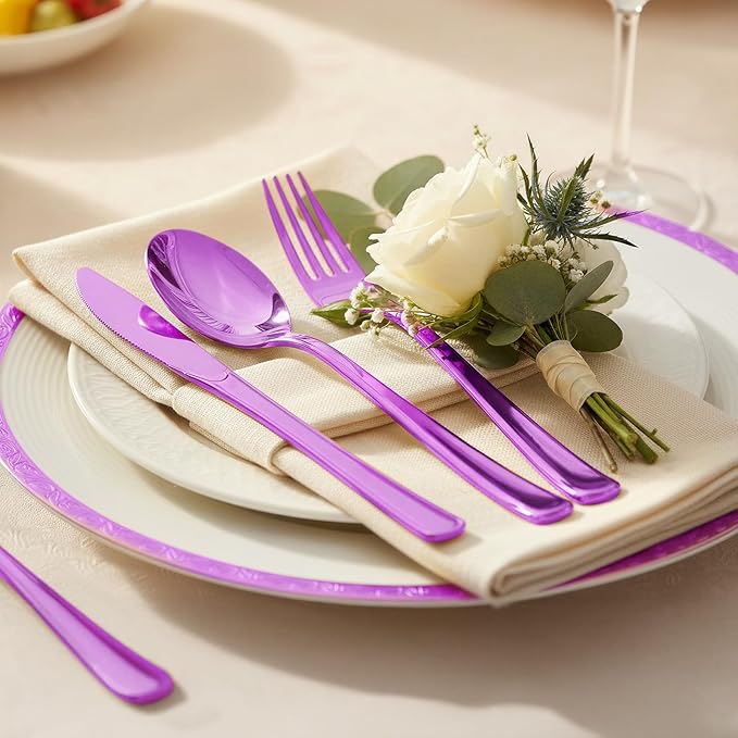 153 Pack Purple Plastic Silverware - Heavy Duty Silverware Set - 51 Forks, 51 Knives, 51 Spoons Plastic Cutlery Disposable for Holidays, Parties, Dinners, Weddings Gathering, Daily Use