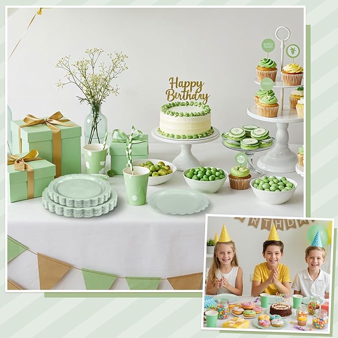 30 Pcs Dessert Plates Disposable, 7 Inch Scalloped Sage Green Cake Plates Small Birthday Appetizer Plate Cute Sage Green Paper Plate for Baby Bridal Shower, Wedding