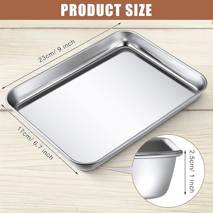 12 Pcs Baking Sheet Pan Set Stainless Steel Cookie Sheet Small Toaster Oven Pans Tray Barbecue Grill Pan Rectangle Trays Oven Freezer Bakery, Non-stick, Easy Clean, 9 x 6.7 x 1 Inches