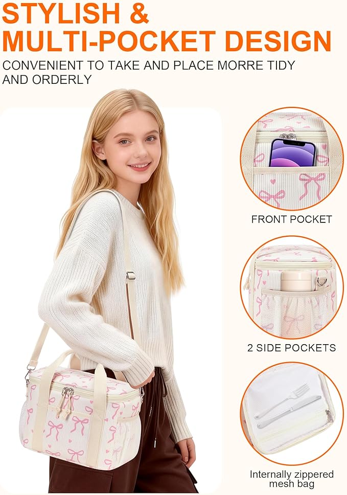 LOIDOU Lunch Box for Women Men Cute Insulated Corduroy Lunch Bag Cooler Leakproof Reusable Adult Lunchbox Adjustable Strap Pink bow lunch tote for Work Office Beach Picnic, Bow