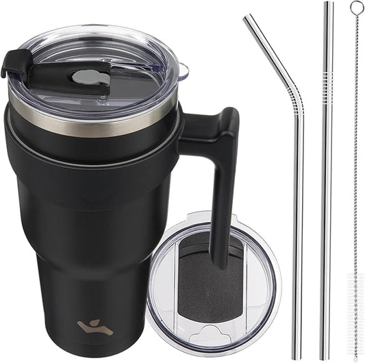 40 oz Tumbler with Handle and 2 Straw 2 Lid, Insulated Water Bottle Stainless Steel Vacuum Cup Reusable Travel Mug,Black