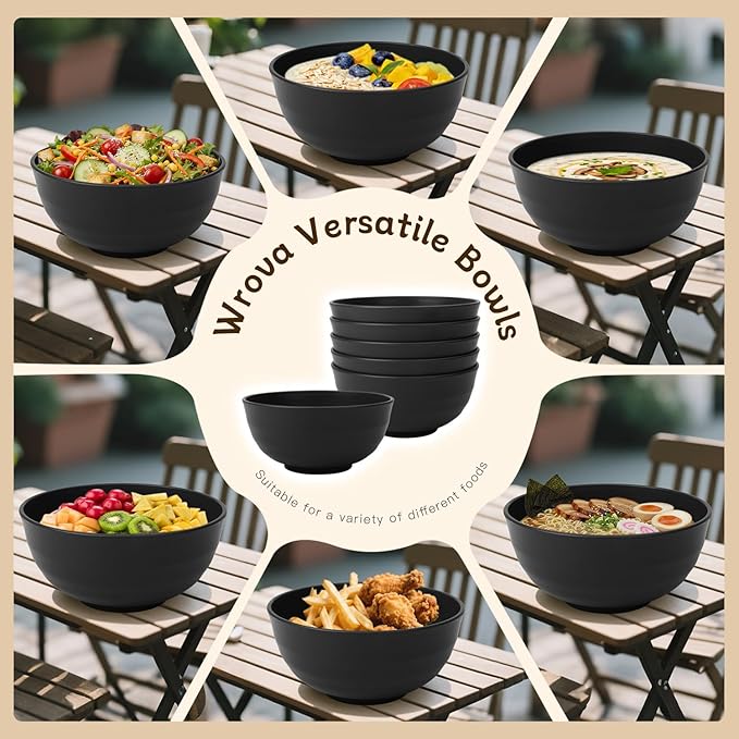 Wrova Wheat Straw Bowls 60oz, Large Salad Bowl Unbreakable Ramen Bowls Set of 6, Microwave & Dishwasher Safe Big Popcorn Bowl Alternative Plastic Bowls Reusable, Kitchen Bowls for Cereal,Noodle- Black