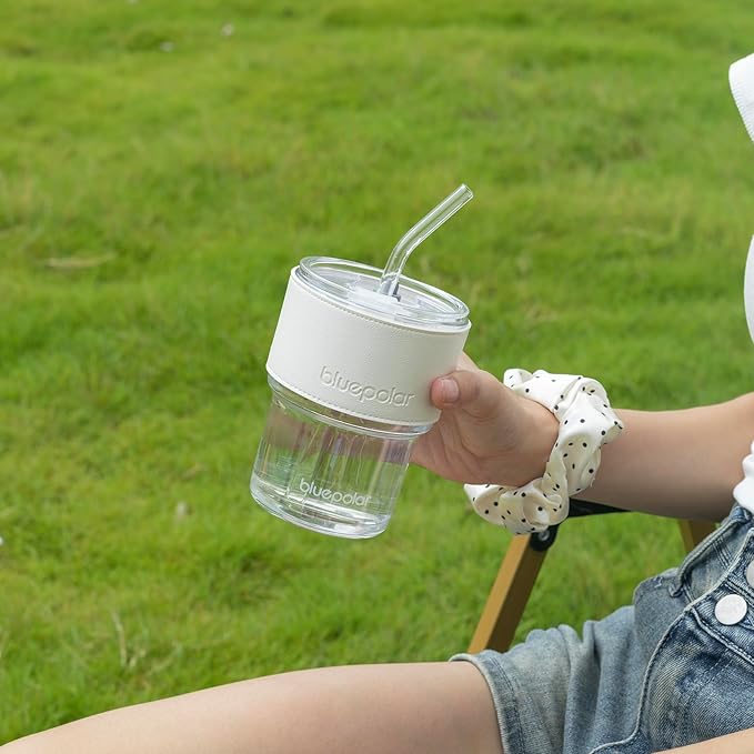 13oz/400ml Glass Water Tumbler with Straw and Lid Sealed Carry on Thick Wall Iced Coffee Cup for Water, Iced Tea, Fruit Juice (White with Protective Sleeve)