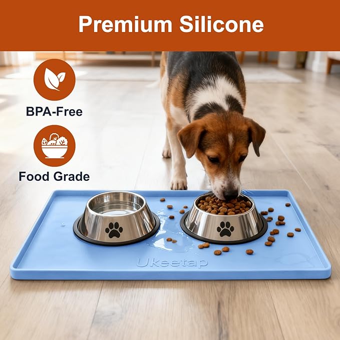 Extra Thick Silicone Mat Waterproof with Raised Edge 19” x 12”, BPA Free Non-Slip Dog & Cat Food Mat, Feeding Mat for Food and Water Bowls, Spill Proof Mat to Protect Floors, Blue