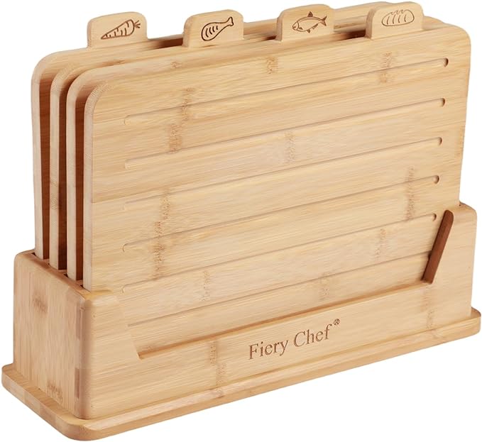 12.6"L x 9"W Bamboo Cutting Board Set of 4 - Wood Cutting Board Set with Holder, Chopping Boards Set with Food Icons, Juice Groove - Ideal for Meat, Fish, Bread, Vegetable, Fruit Chopping