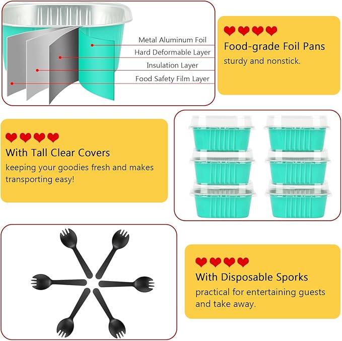 LNYZQUS 10oz Aluminum Brownie Pans 40 Pack, Square 4”X4” Disposable Ramekins Cupcake Liners with Lids,Mini Cake Baking Pans,Large Muffin Tin Holders for Catering Gathering-Cyan Blue