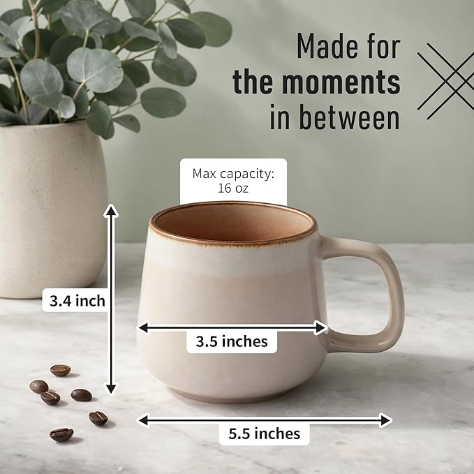 Large Ceramic Coffee Mugs Set of 4 | 16 oz Stoneware Coffee Cups | Lead-Free, Non-Toxic | Microwave and Dishwasher Safe | Comfortable Handle | Nordic Design for Tea, Cocoa, Latte | Rose Sand