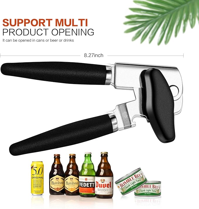 Can Opener Stainless Steel Manual Can Opener Easy Turn Knob Sharp Cutting Wheel Good Grips with Built-in Bottle Opener