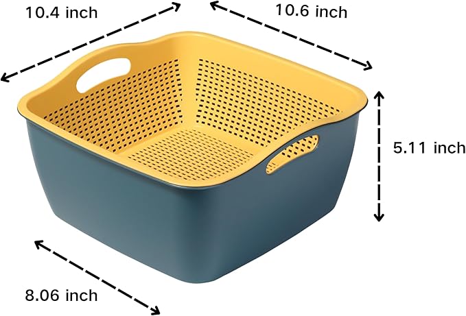 Kitchen Colander Drain Basin 2 in 1 Plastic Basket Strainer Bowl (Blue/Yellow), large