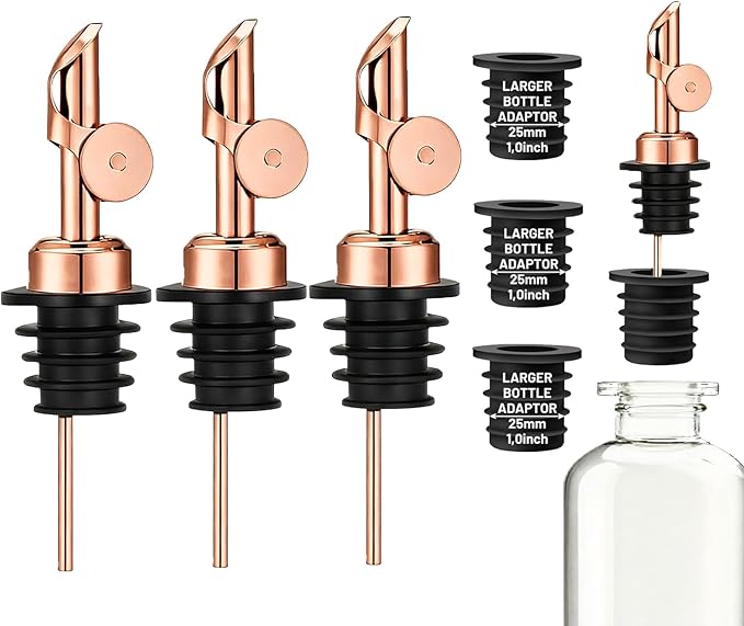 3 Pack Olive Oil Pour Spout with Adapters, Oils Pourer for Olive Oil Dispenser Bottle, Easily Turn Your Bottles into Dispensers for Liquor, Vinegar, Oils, Syrup, Liquor Bottle Pourers, Rose Gold
