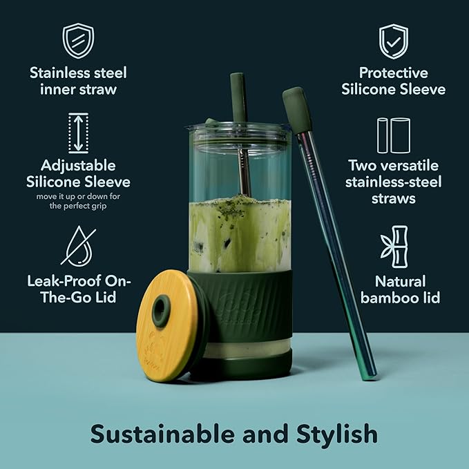 Pandaloo® Glass Cups With Lids and Straws -20 Fl Oz- Perfect Size Iced Coffee Cup - Smoothie Cup With Bamboo Lid and On the go Lid (Creamy Mushroom, 1 Count (Pack of 1)