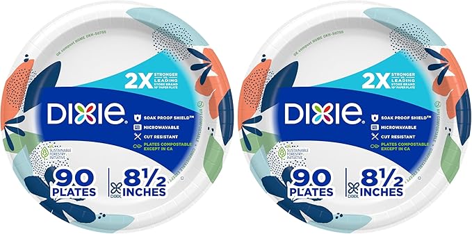 Dixie Medium Paper Plates, 8.5 Inch, 90 Count, 2X Stronger*, Microwave-Safe, Soak-Proof, Cut Resistant, Disposable Plates For Everyday Breakfast, Lunch, & Dinner Meals (Pack of 2)