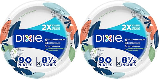 Dixie Medium Paper Plates, 8.5 Inch, 90 Count, 2X Stronger*, Microwave-Safe, Soak-Proof, Cut Resistant, Disposable Plates For Everyday Breakfast, Lunch, & Dinner Meals (Pack of 2)