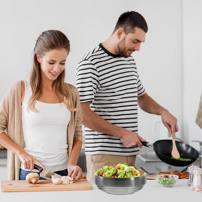 7.4" Stainless Steel Serving Bowls - 34oz Large Pasta, Ramen, Vegetable Salad, Kitchen Soup, Mixing Bowls for Cooking Baking - Silver, Dishwasher Safe