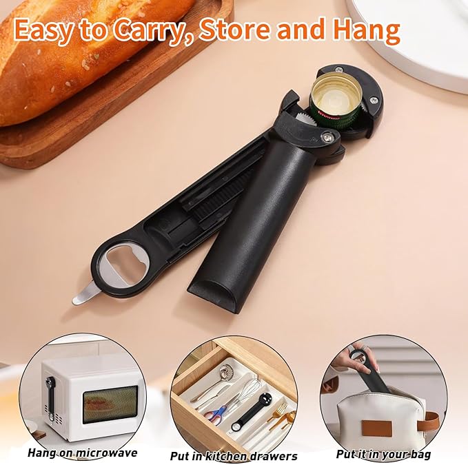 7 in 1 Jar Opener, Multifunctional Retractable Bottle Opener, Magnetic Can Opener, Suitable for Elderly People with Hand Weakness, Arthritis, Weak People, Kitchen Lid Opener, Black