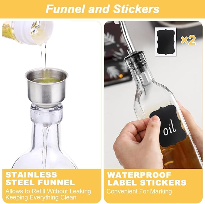 Olive Oil Dispenser Bottle, 1 Pcs Glass Oil and Vinegar Dispenser Set with 2 Stainless Steel Pourers, 2 Labels,1 Brush and 1 Funnel Oil Bottles for Kitchen (17oz/500ml)