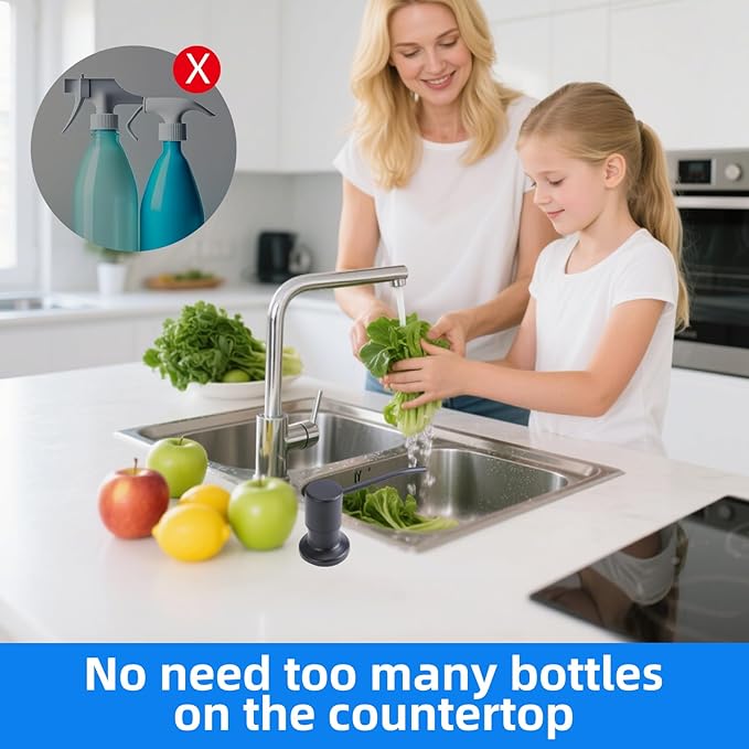 Soap Dispenser for Kitchen Sink, Brushed Nickel Countertop Dispenser with 39" Tube Kit, Use Large Bottles & No More Refills (Black)