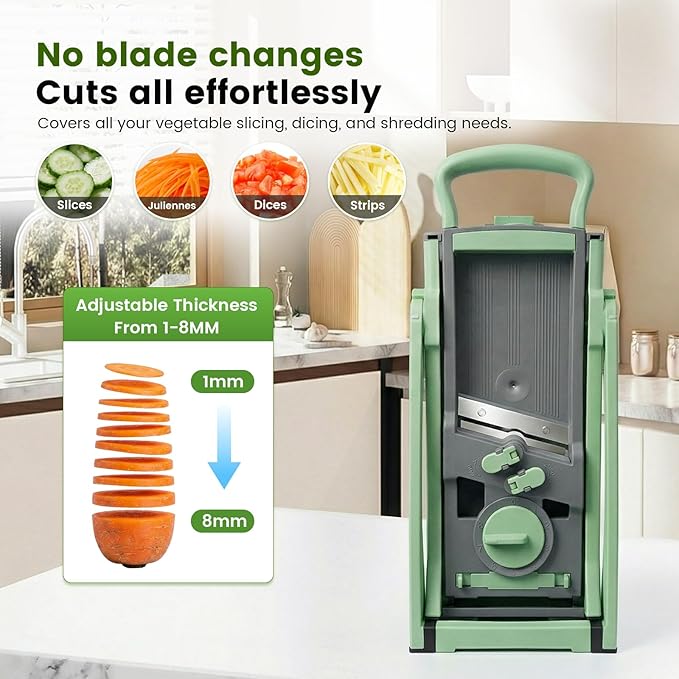 4-in-1 Safe Mandoline Slicer & Vegetable Chopper with 0.1-8mm Adjustable Thickness, Dicer, Julienne & French Fry Cutter Functions, Foldable Kitchen Gadget with Container (Green)