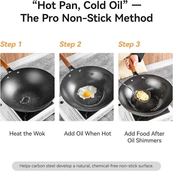 WANGYUANJI 12.6" Carbon Steel Wok with Glass Lid & Detachable Wood Handle, Heavy Duty Thick Gauge Flat Bottom Wok Pan for Induction, Gas & Electric Stoves, Unseasoned Asian Stir Fry Pan
