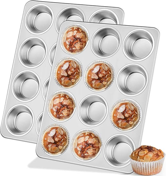 Leonyo 2 Pack 12-Cup Muffin Pans, Stainless Steel Standard Size Cupcake Pans Tray for Baking, Metal Non-Toxic Muffin Tins, Dishwasher Oven Safe