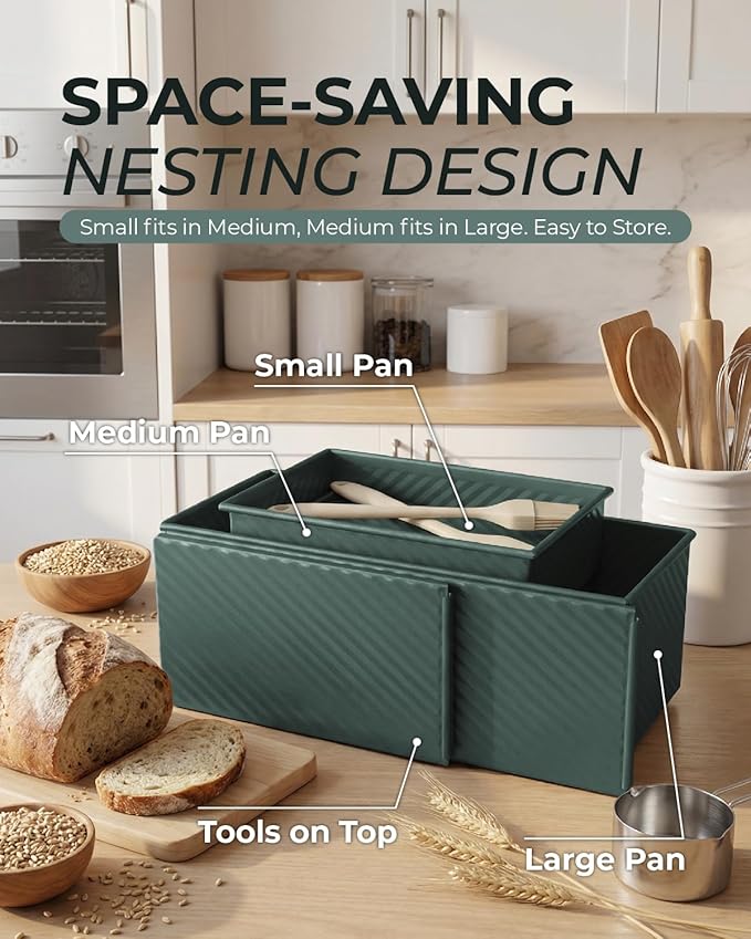 CARTMAN 3-Piece Pullman Loaf Pan with Lid Set – Non-Stick Carbon Steel Bread Pan with Bottom Vents – Includes Large (12.4"), Medium (8.2") & Mini (6.3") Sizes plus Silicone Tools – Sage Green