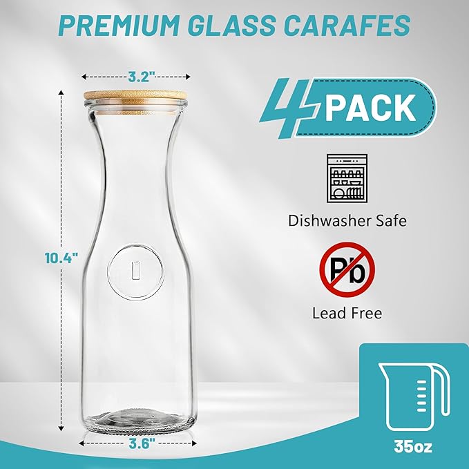 Glass Carafe with Bamboo Lid, Round 35 Oz Beverage Dispensers Carafe, Mimosa Bar Supplies, Clear Glass Pitcher with Name Labels for Iced Tea, Coffee, Juice(Set of 4)