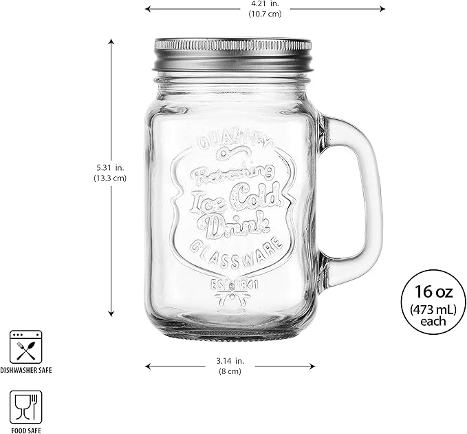 Glaver's Mason Drinking Jars – Set of 4, 15.25 Oz Clear Glass Jar with Handle and Lid. – Ice-Cold Drink Glassware Logo – Glass Mugs Ideal for Cold Beverages, Juice, Smoothie, Cocktails.