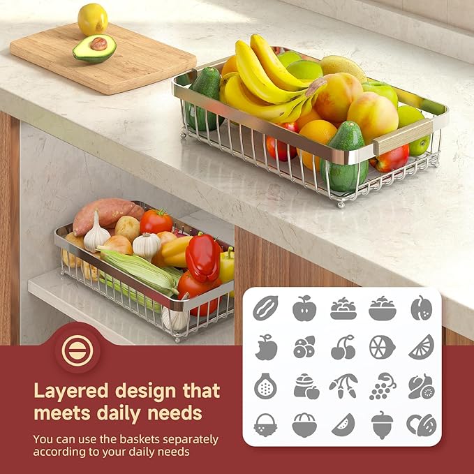 2 Tier Large Fruit Basket for Kitchen Counter with 2 Mobile Banana Hangers, 2026 Pro Detachable Metal Fruit Bowl with Wooden Handle (Silver, 2 Tier Extra Large)