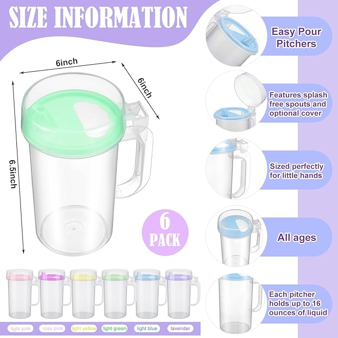 6 Pack Early Learning Kids Easy Pouring Mini Pitchers Clear Plastic Pitcher with Lid and Handle Easy Pour Bottles 16 Oz. Jugs with Lids for Classroom Nursery Home (Pastel)