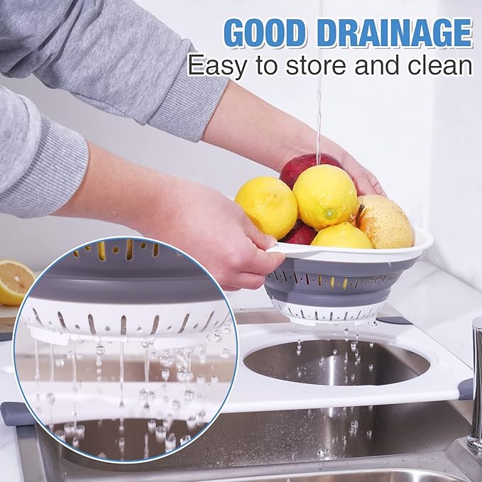 NiHome Over the Sink Cutting Board with Collapsible Colander, 2-In-1 Sink Drainer Board 11"x17.7" Anti-Slip Cutting Board and Detachable Draining Basket with Ergonomic Handle PP Plastic and TPR Rubber
