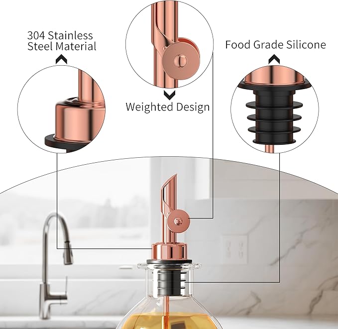 Auto Flip Liquor Pour Spouts 12-Pack, Leak-Proof 304 Stainless Steel Wine Pourer & Olive Oil Dispenser with Food-Grade Silicone for Kitchen, Bar, Restaurant (Goldrose)