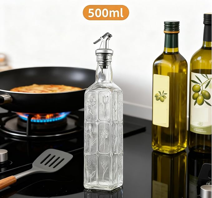 Glass Olive Oil Bottle Dispenser with Stainless Steel Nozzle Plug, 500ml Flowers Bouquet Embossed Square Oil and Vinegar Cruet, Oil Dispensers Carafe Decanter for Kitchen, 16.9 oz(Transparent)