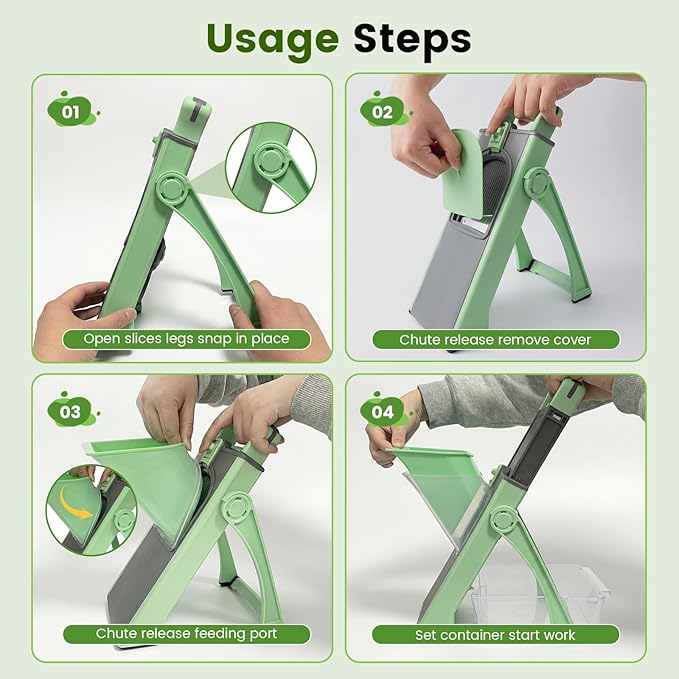 4-in-1 Safe Mandoline Slicer & Vegetable Chopper with 0.1-8mm Adjustable Thickness, Dicer, Julienne & French Fry Cutter Functions, Foldable Kitchen Gadget with Container (Green)